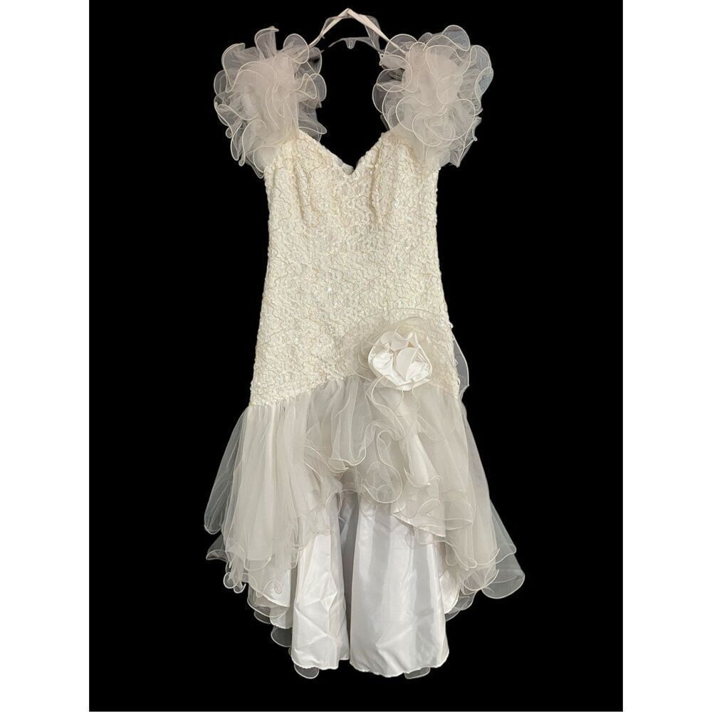 Vintage‎ 1980s Flirtations White Prom Dress Drop Waist Sequin Puffy Sleeve Tulle